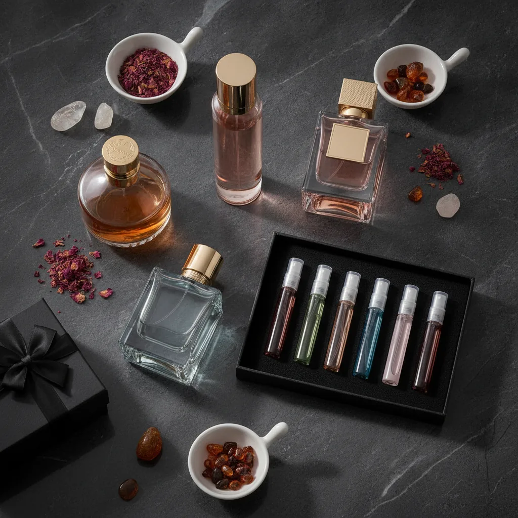 luxury perfume flat lay with elegant fragrance bottles