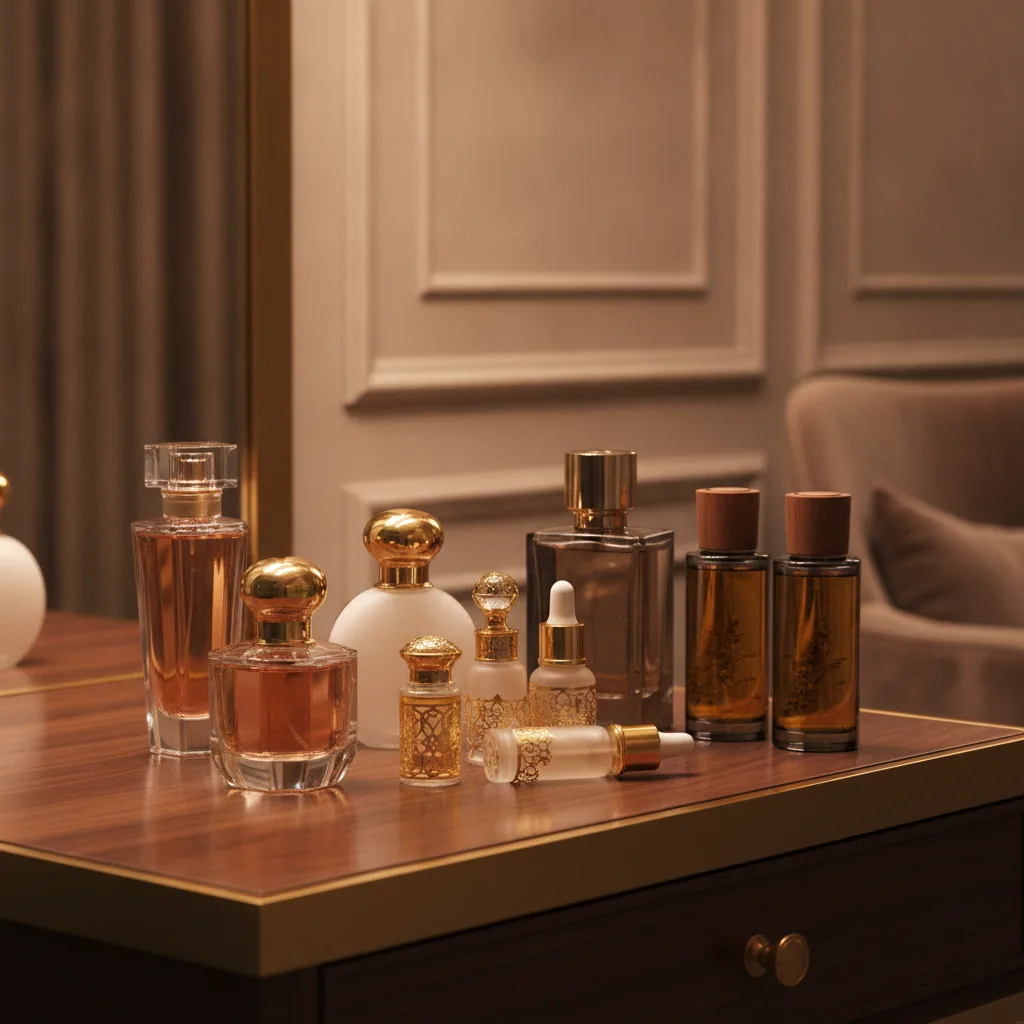 luxury fragrance collection display with elegant perfume bottles,