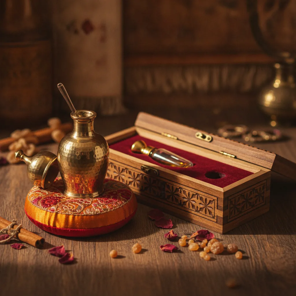 close-up of artisan attar bottle and perfume packaging