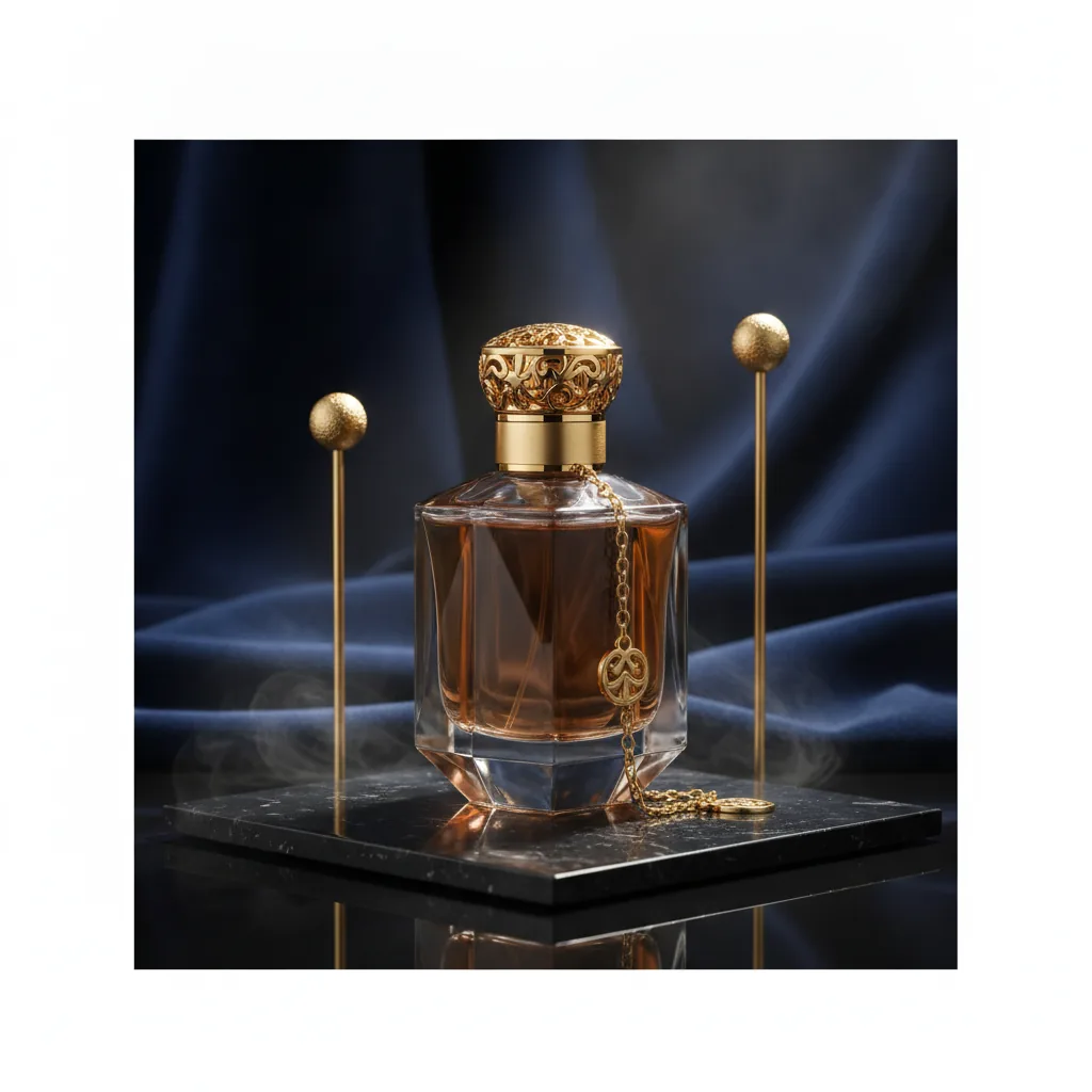 luxury perfume bottle with golden accents on a