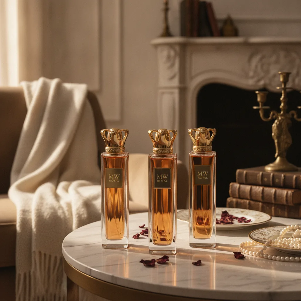 luxury perfume editorial photo with elegant MW Royal