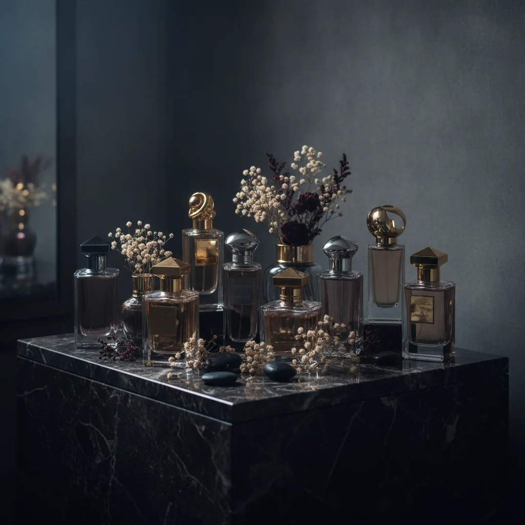 luxury perfume bottles arranged elegantly on a refined