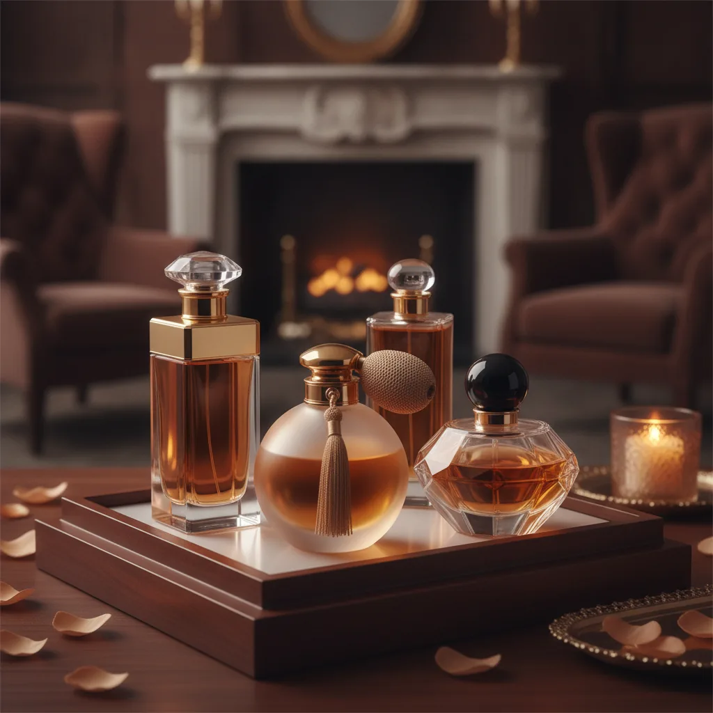 luxury perfume bottles arranged elegantly on a refined